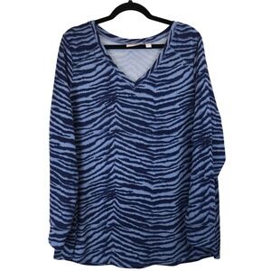 Belle Kim Gravel Blue Animal Print V Neck Tunic Top Plus Size 1X Zebra Artsy